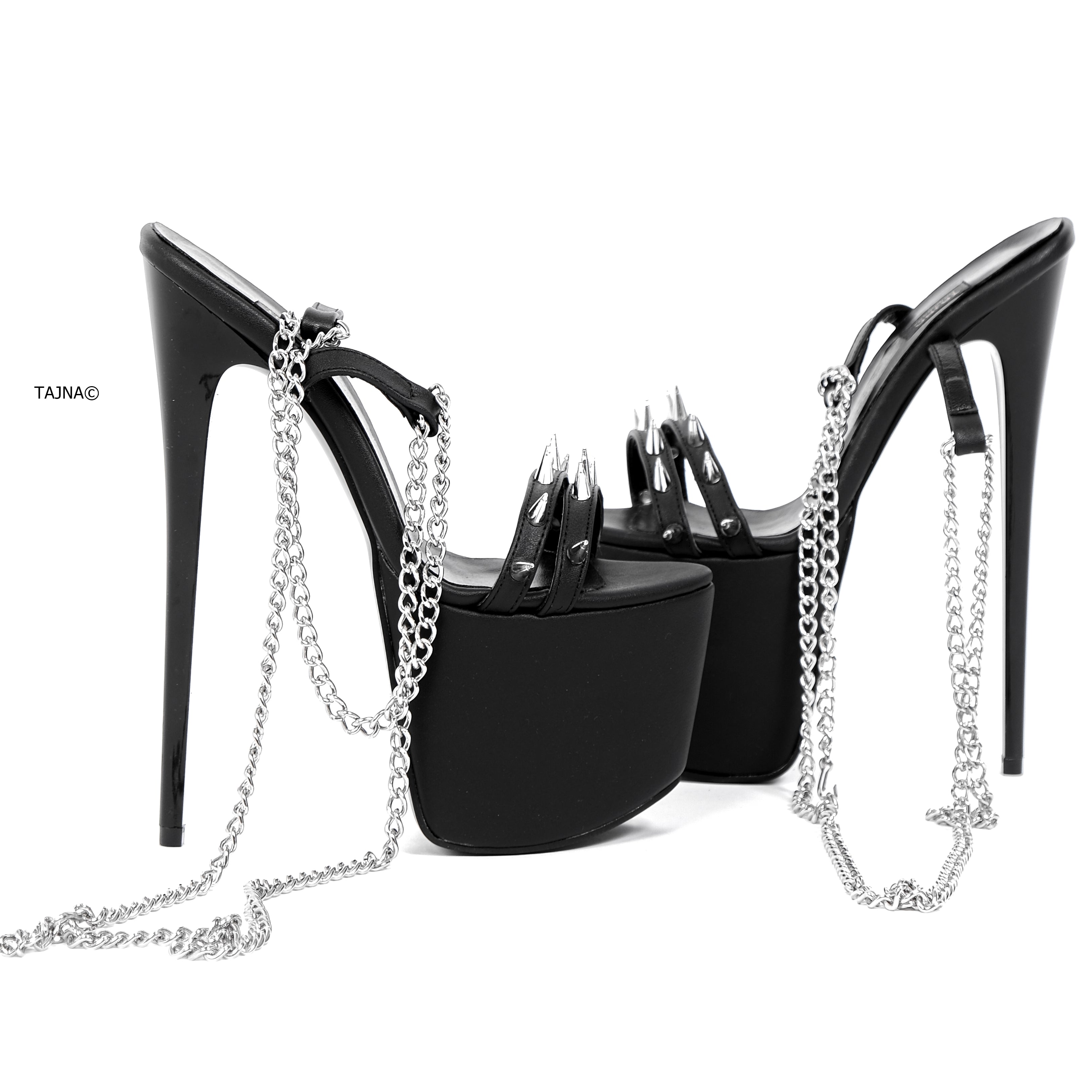 Black high heel sandals with long chain laces.