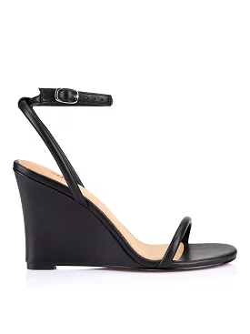 Black Leather Bebe Wedge Sandals