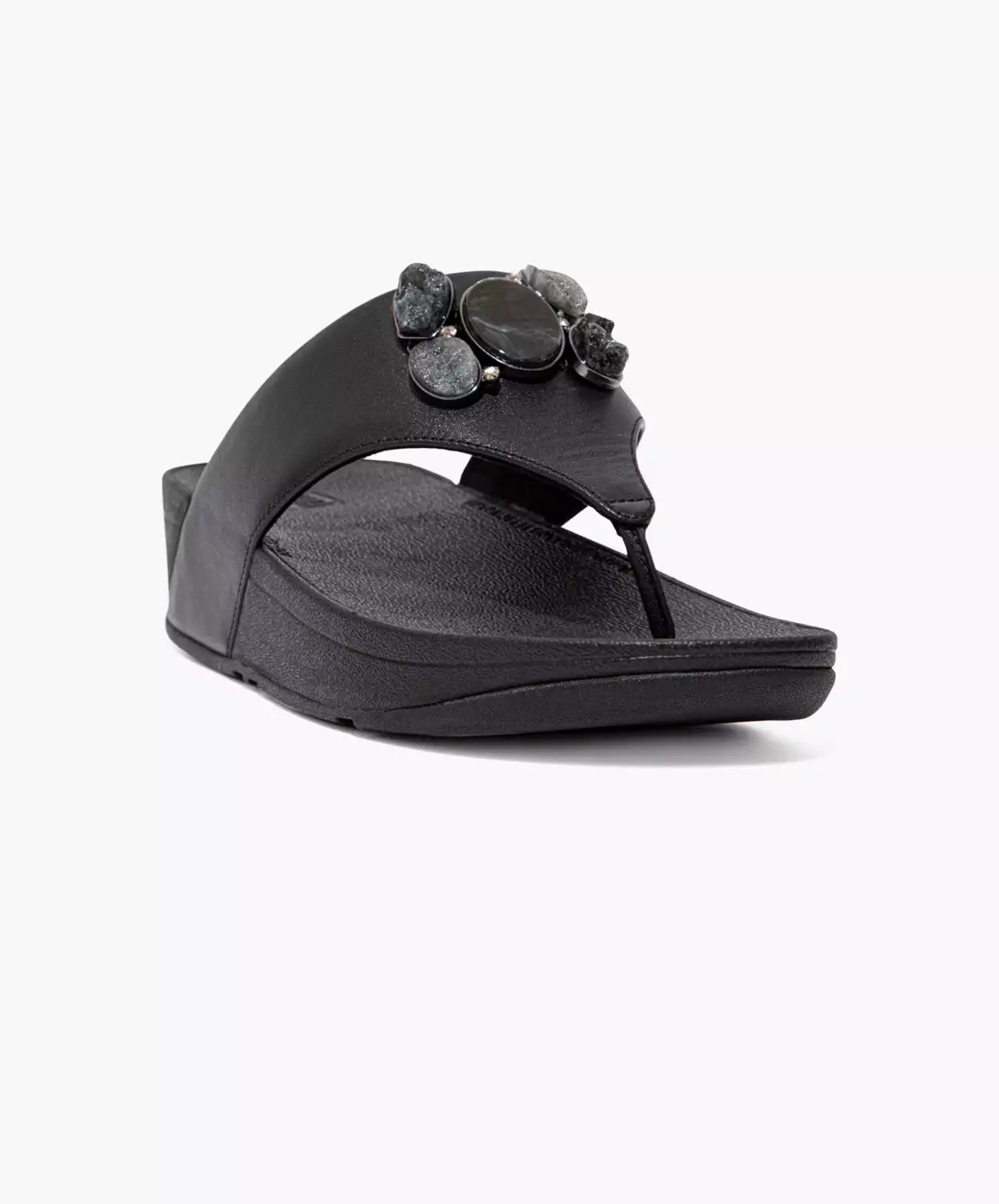 Black Leather Toe Post Sandals FitFlop Rosa Stone-Cluster