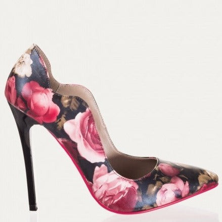 black rose print stiletto heels