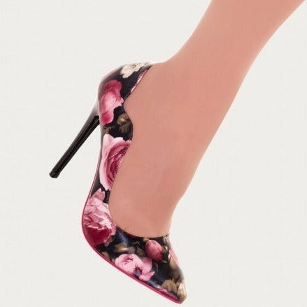 black rose print stiletto heels