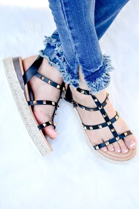 Black Sandals with Gold Studs