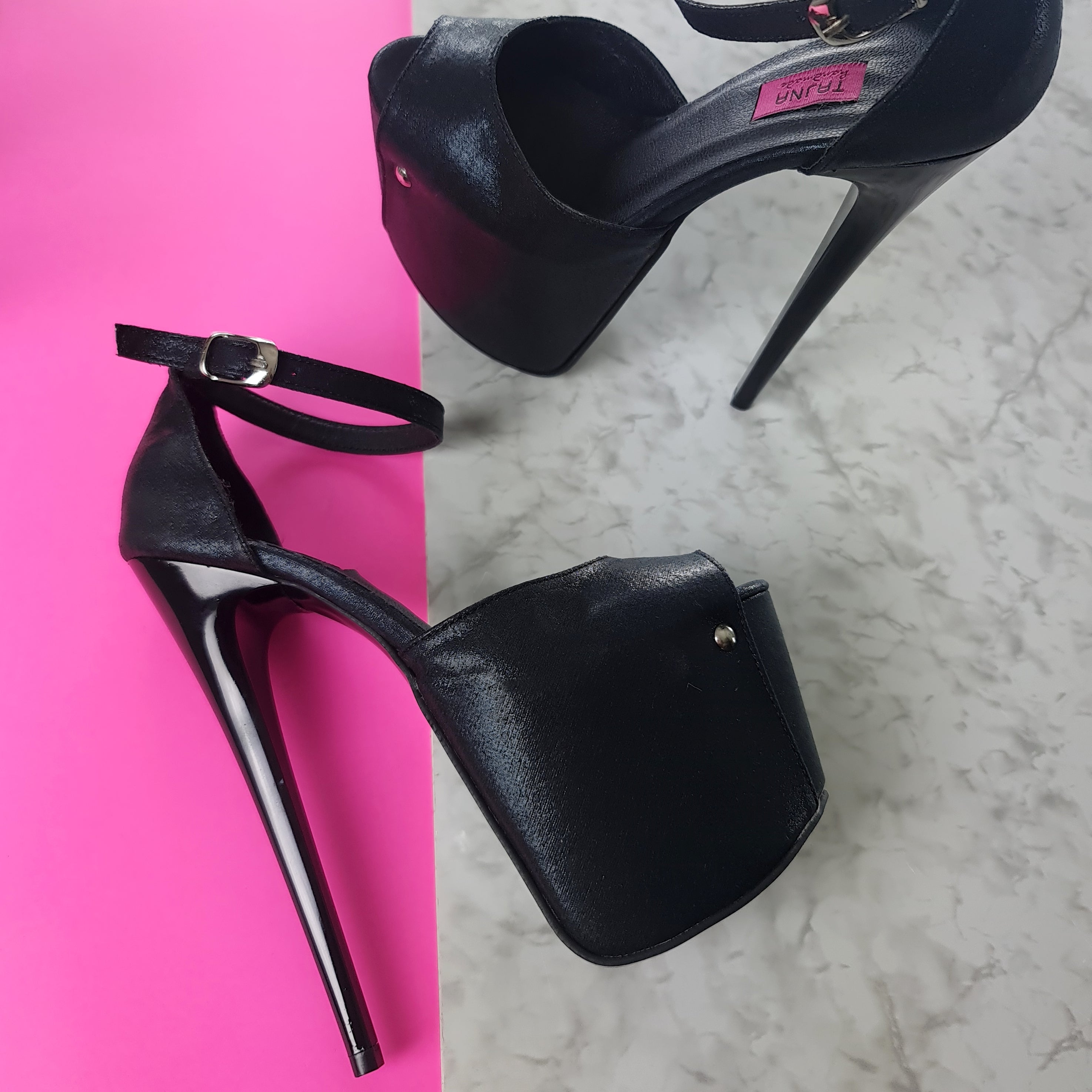 Black Satin Ankle Strap High Heel Sandals