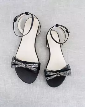 Black Satin Flat Sandal with Sparkling Rhinestone Bow and Ankle Strap