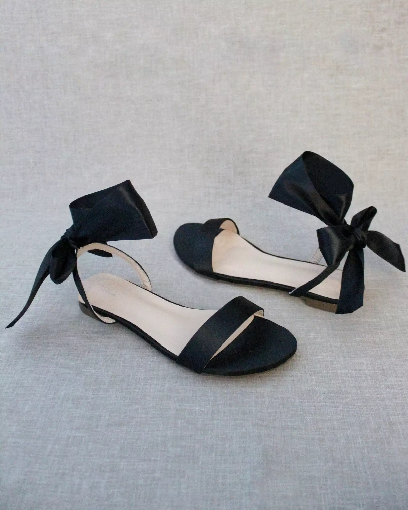 Black Satin Flat Sandals with Satin Tie