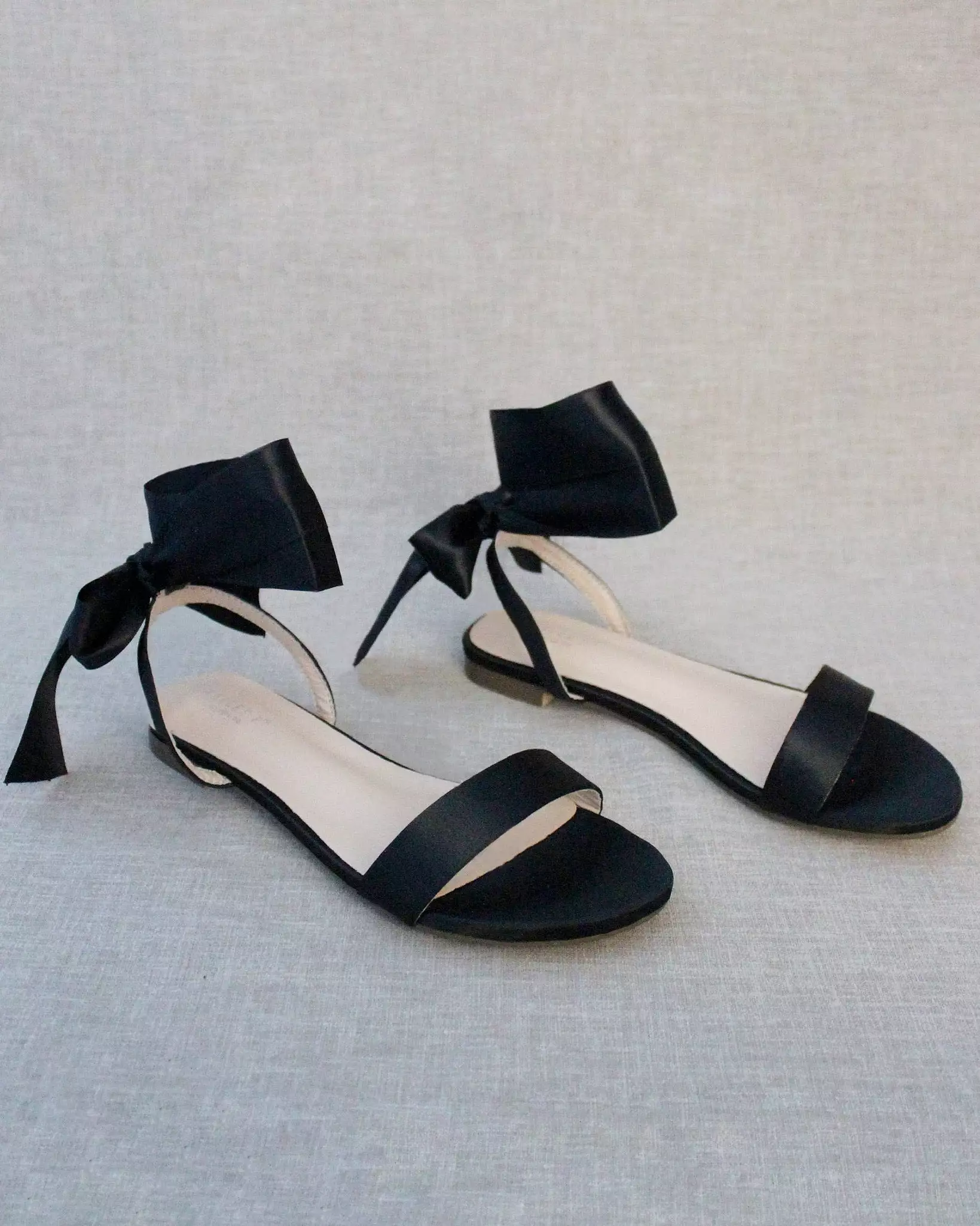 Black Satin Flat Sandals with Satin Tie