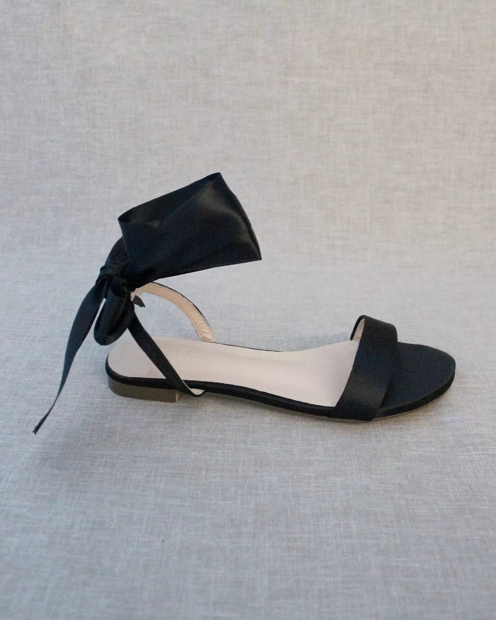 Black Satin Flat Sandals with Satin Tie