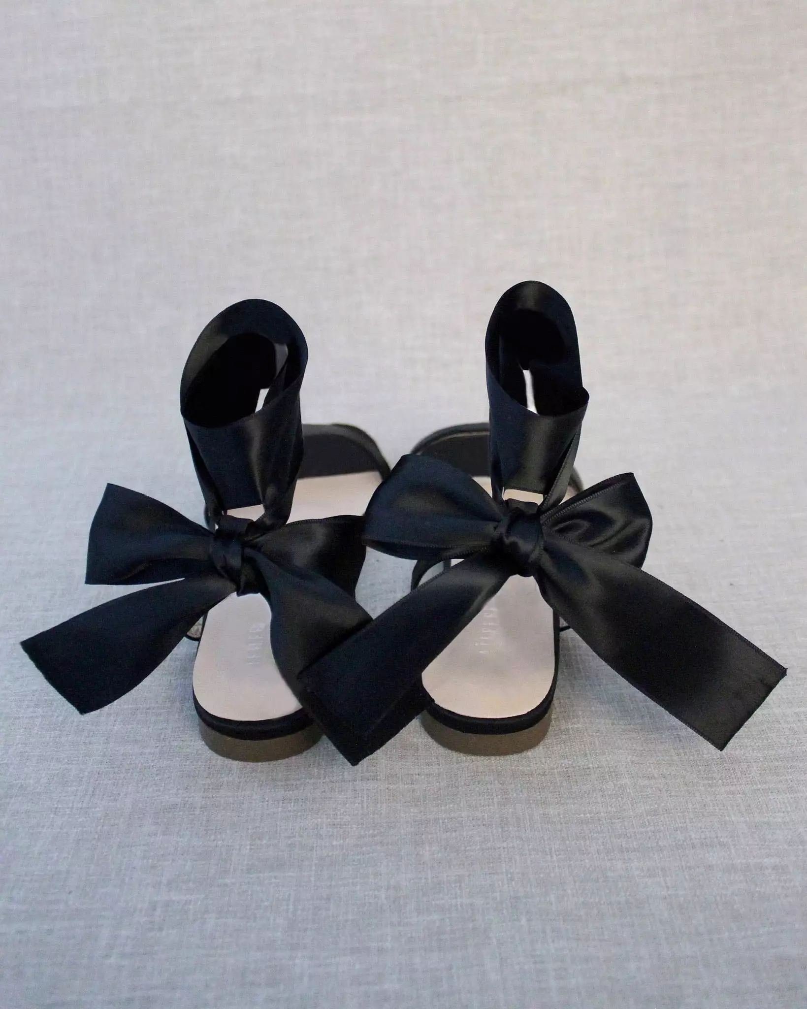 Black Satin Flat Sandals with Satin Tie