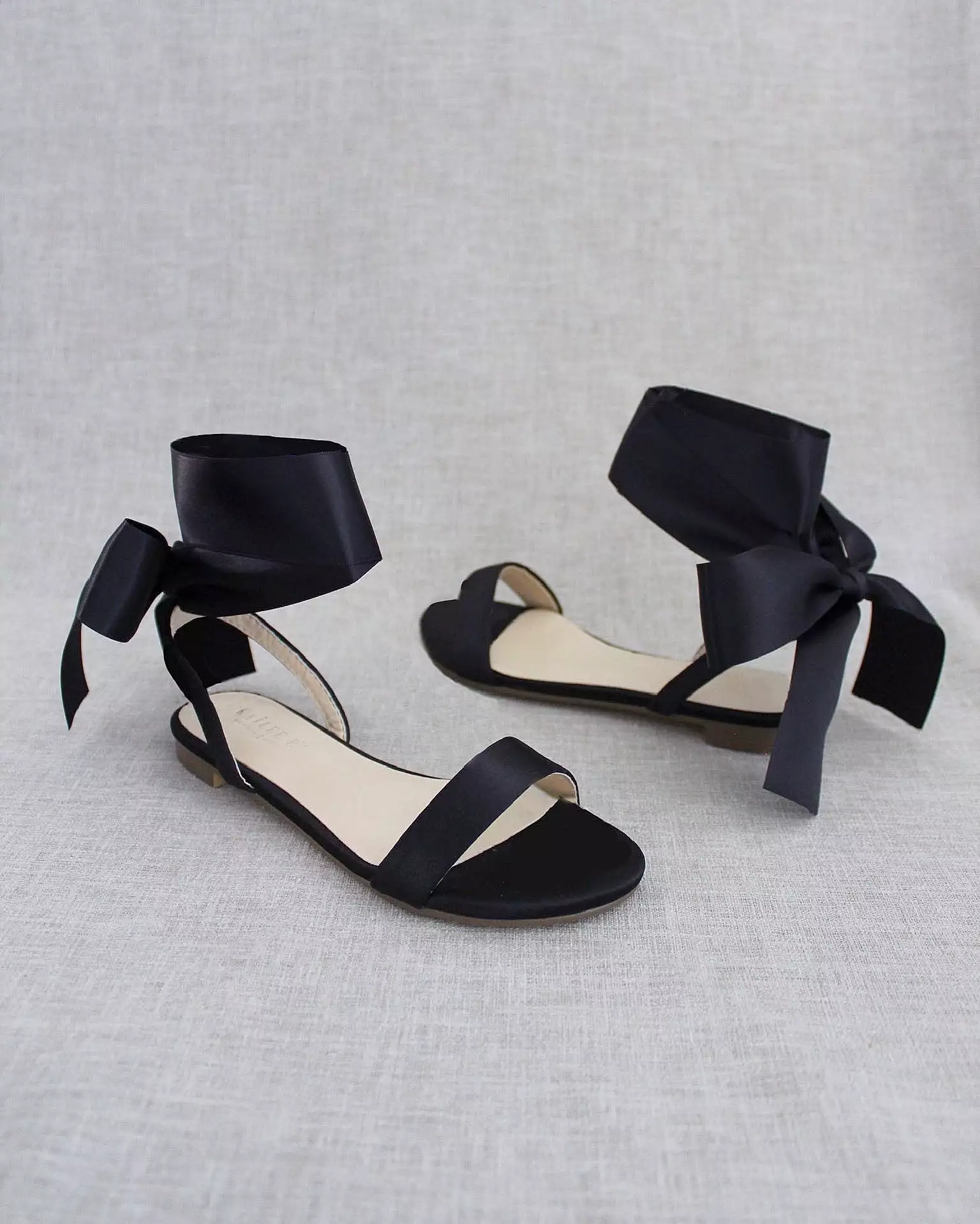 Black Satin Flat Sandals with Satin Tie