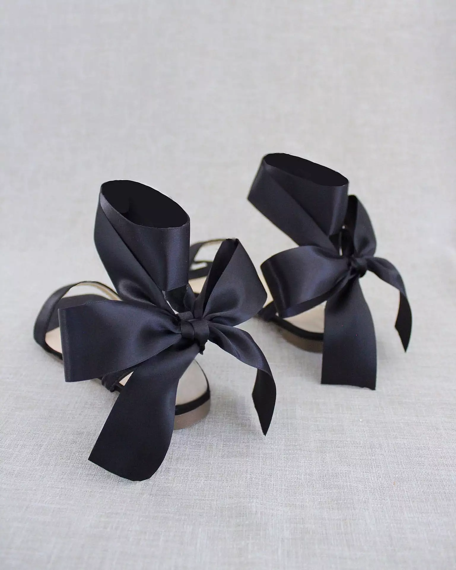 Black Satin Flat Sandals with Satin Tie