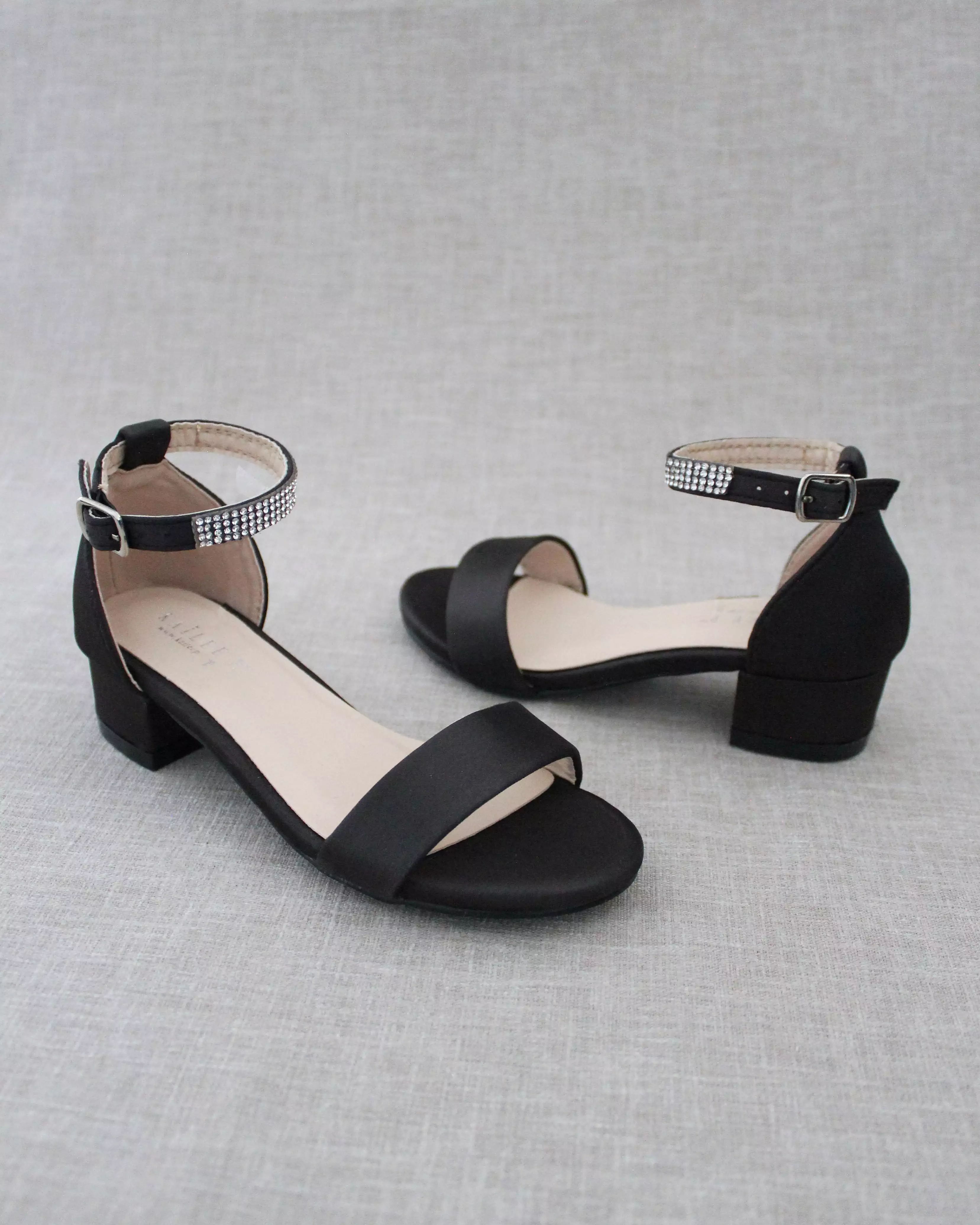 Black Satin Girls Block Heel Sandals with Rhinestone Ankle Strap