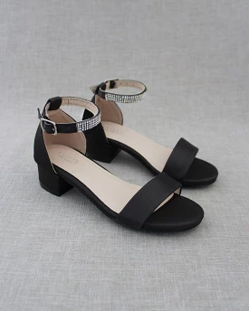 Black Satin Girls Block Heel Sandals with Rhinestone Ankle Strap