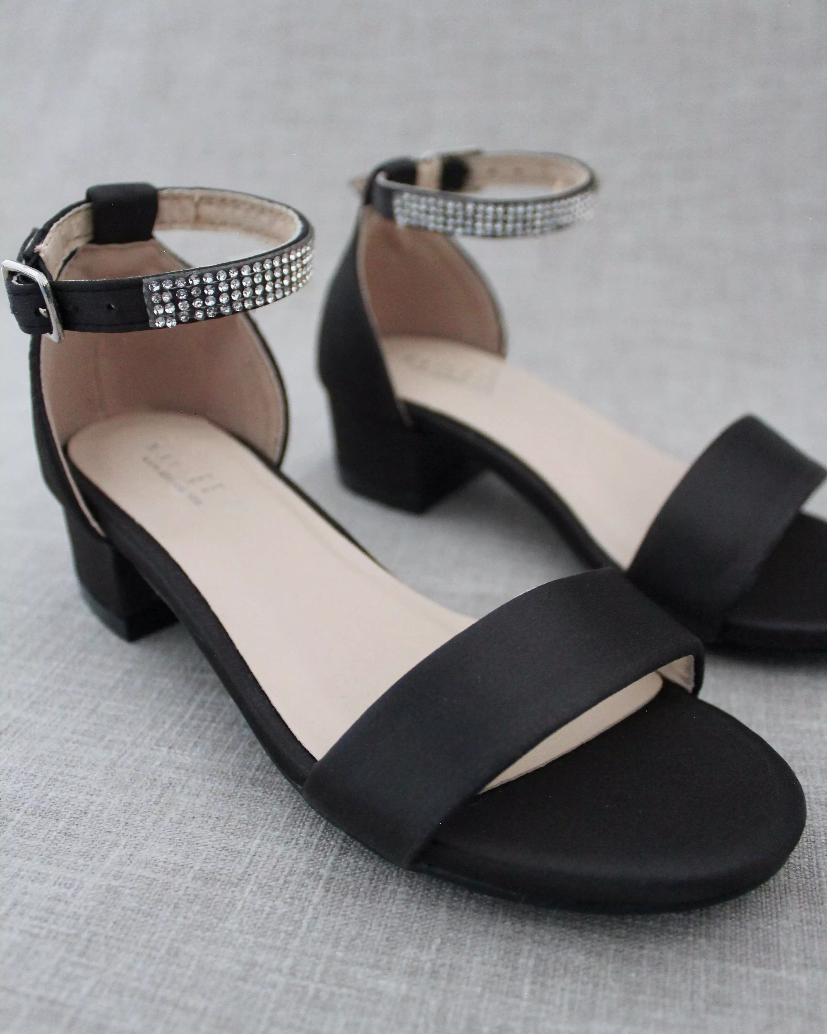 Black Satin Girls Block Heel Sandals with Rhinestone Ankle Strap