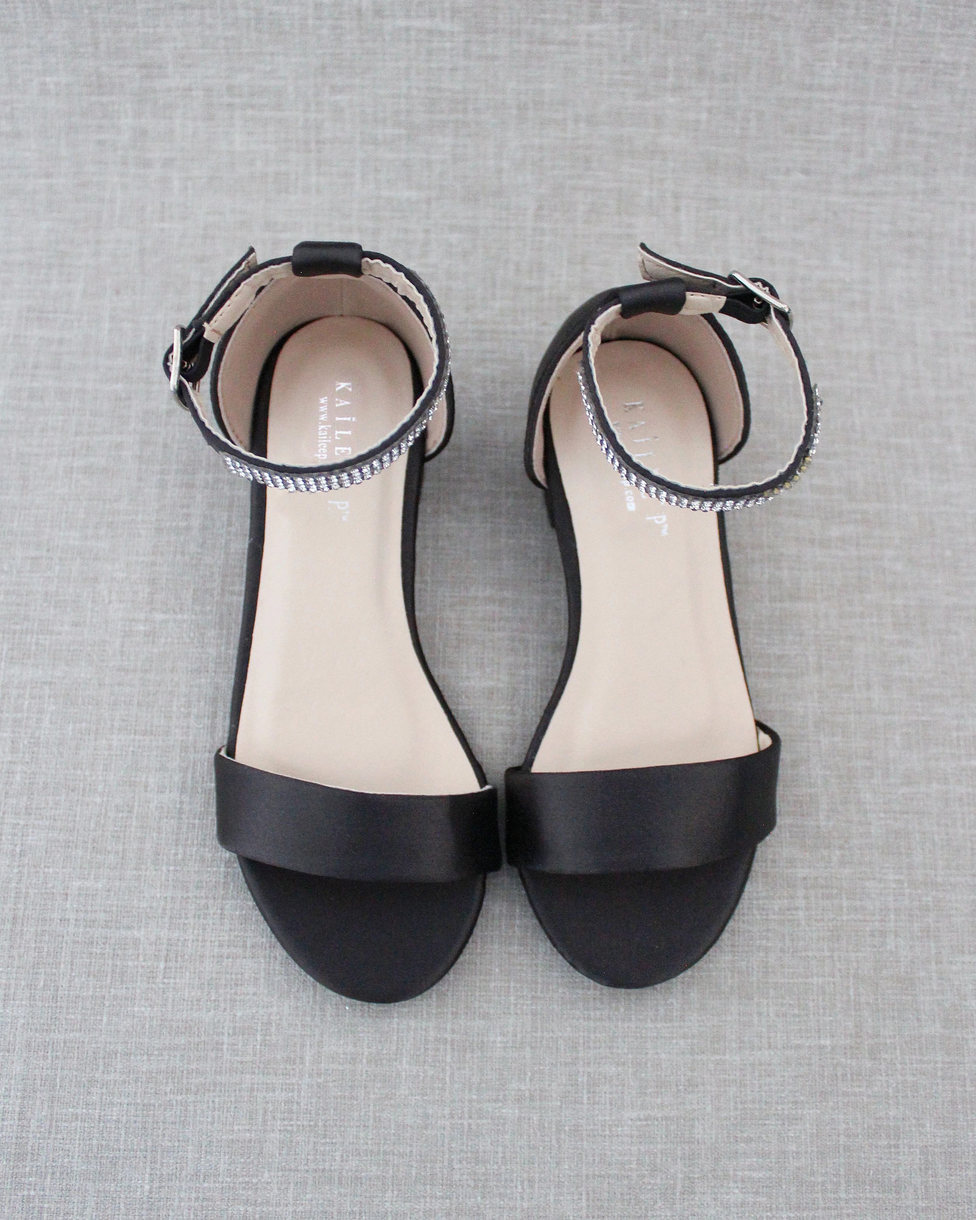 Black Satin Girls Block Heel Sandals with Rhinestone Ankle Strap