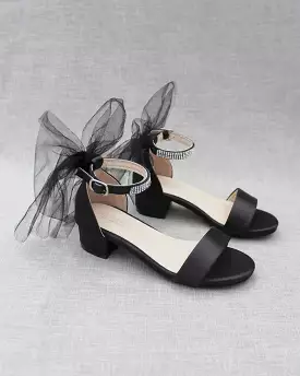 Black Satin Girls Block Heel Sandals with Tulle Back Bow - Best Children's Sandals for Special Occasions