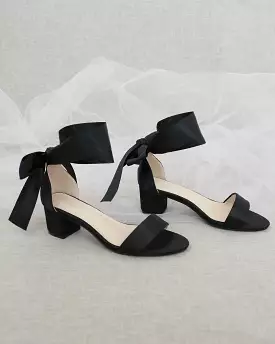 Black Satin Heel Sandal, Satin Tie, Block Heel Sandal