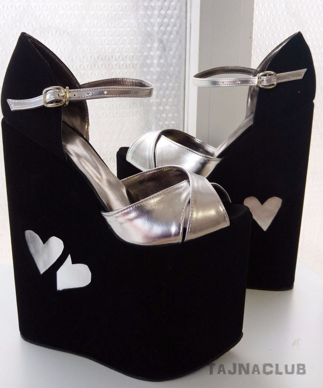 Black Silver Ankle Strap Wedge Sandals