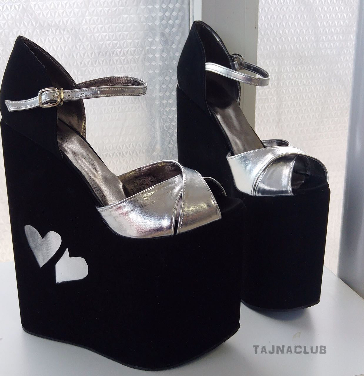 Black Silver Ankle Strap Wedge Sandals