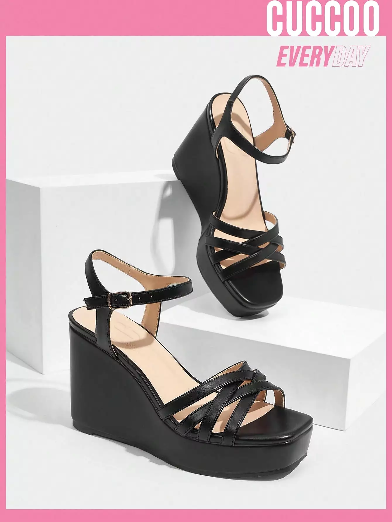 Black Strappy Wedge Sandals - Women's Spring and Summer Fashion Shoes