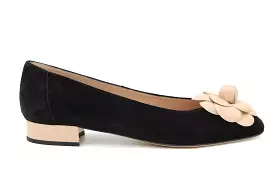 Black Suede Ballet Flat with Flower - FABUCCI