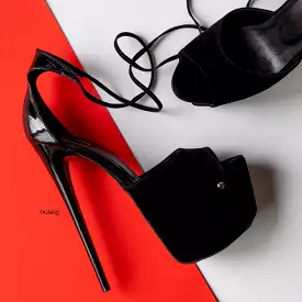 Black Suede High Heel Sandals with Ankle Lace-Up