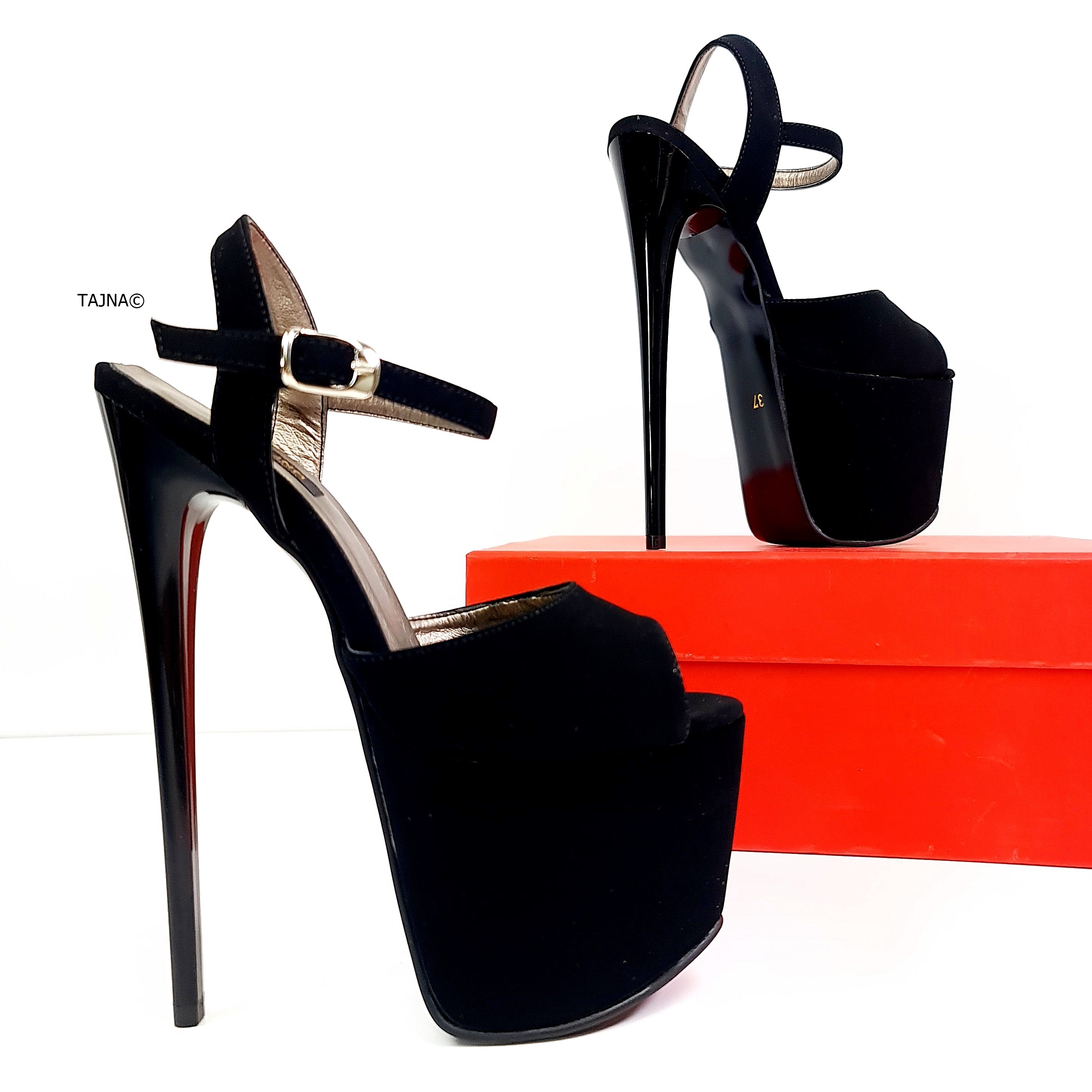 Black Suede Pencil High Heel Sandals - Shop now.