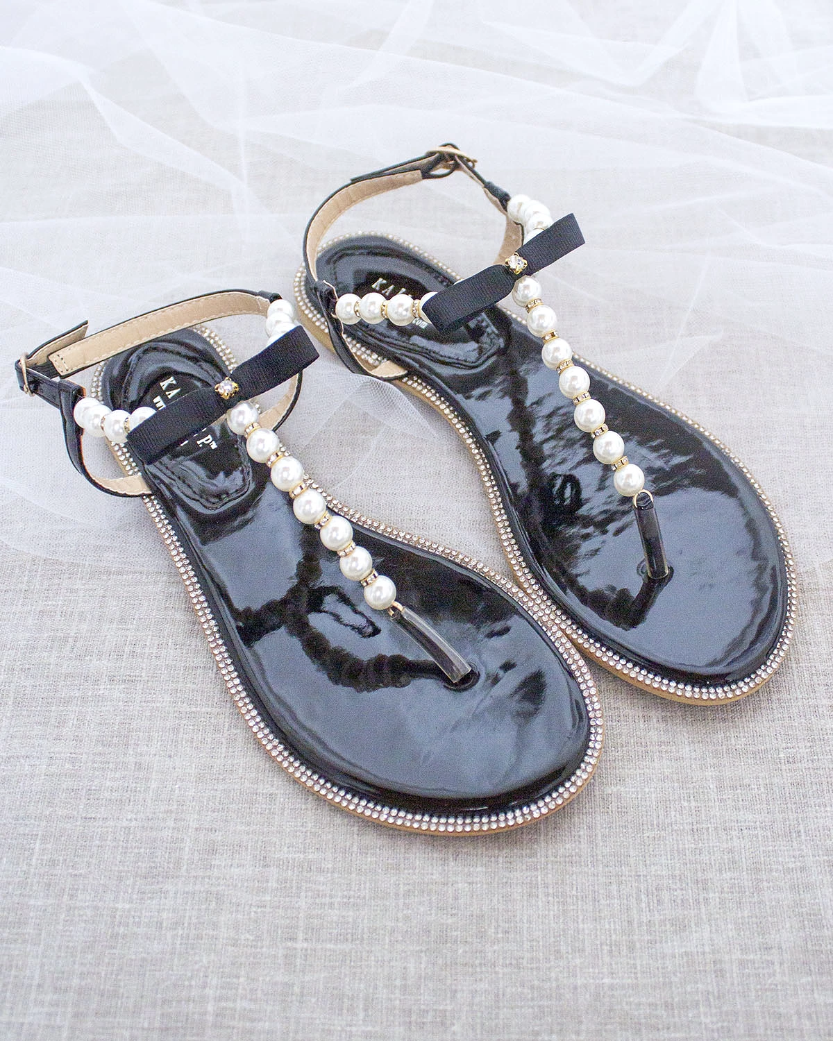 Black T-Strap Pearl Sandals - Rhinestone Embellished