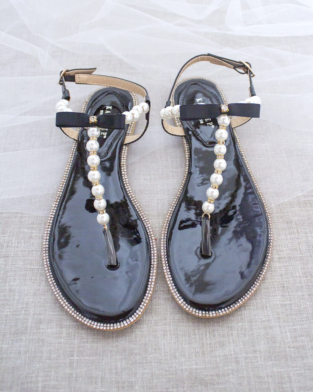 Black T-Strap Pearl Sandals - Rhinestone Embellished