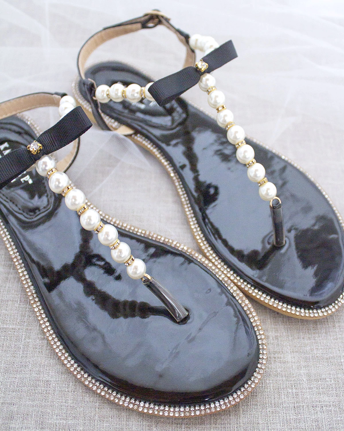 Black T-Strap Pearl Sandals - Rhinestone Embellished