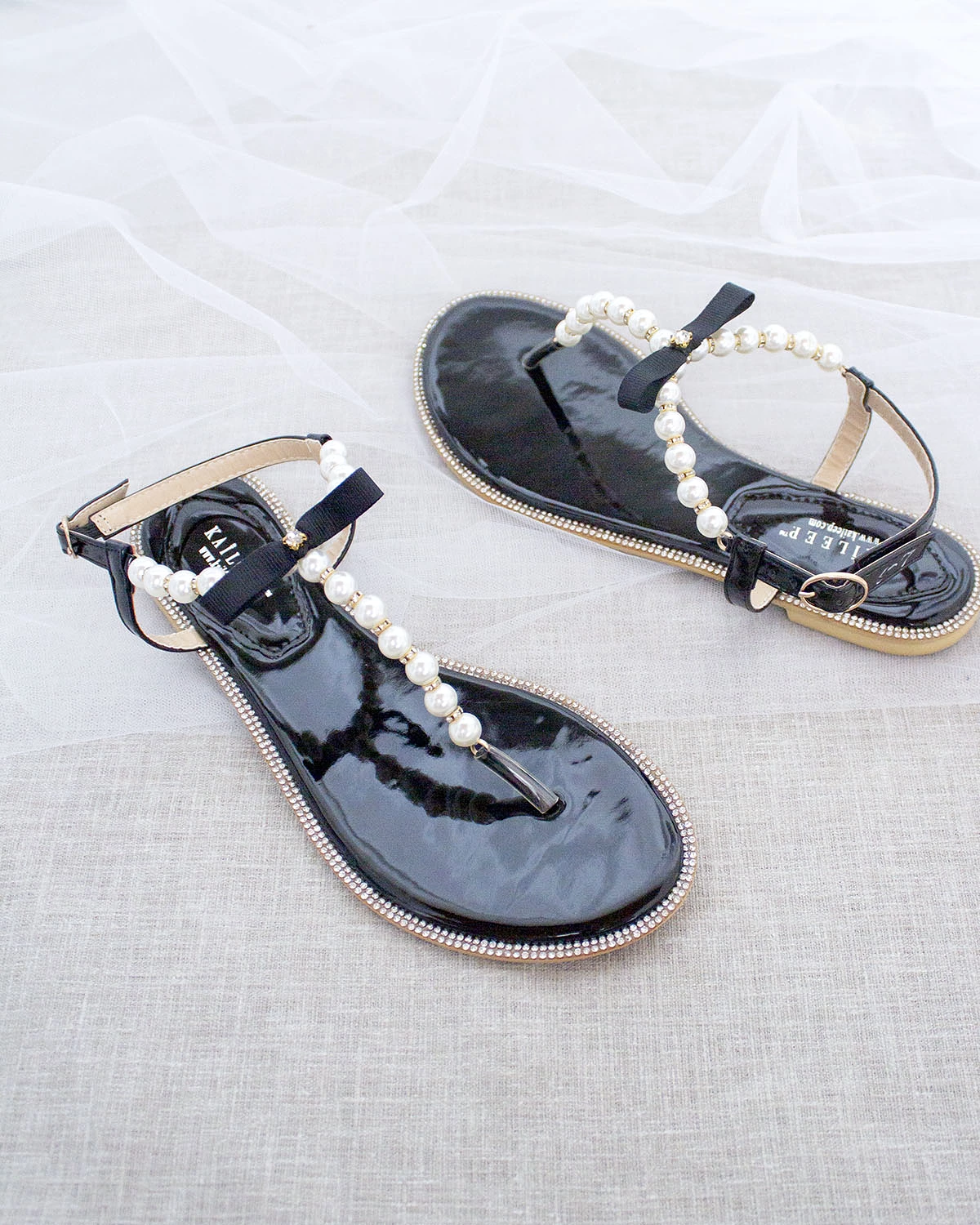 Black T-Strap Pearl Sandals - Rhinestone Embellished