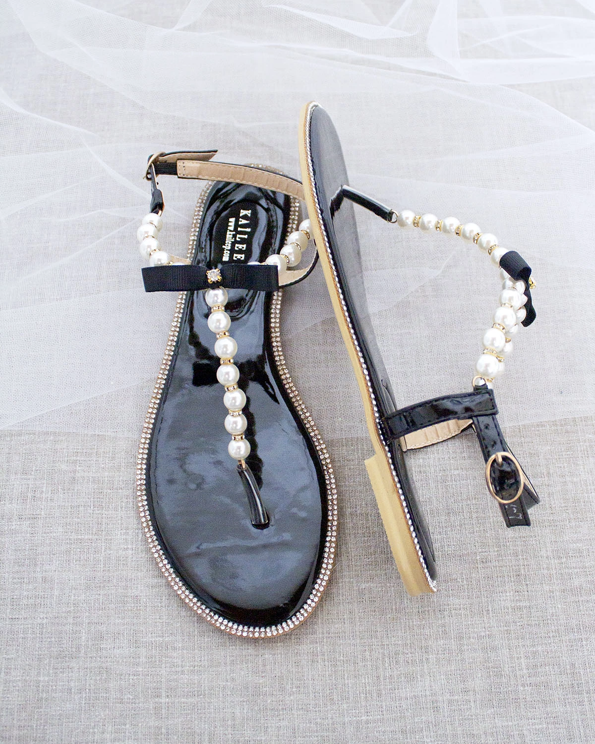 Black T-Strap Pearl Sandals - Rhinestone Embellished