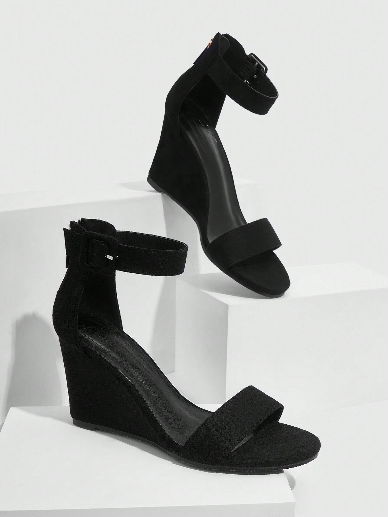 Black wedge sandals for spring and summer - Ankle strap, classic design - Women's shoe fashion