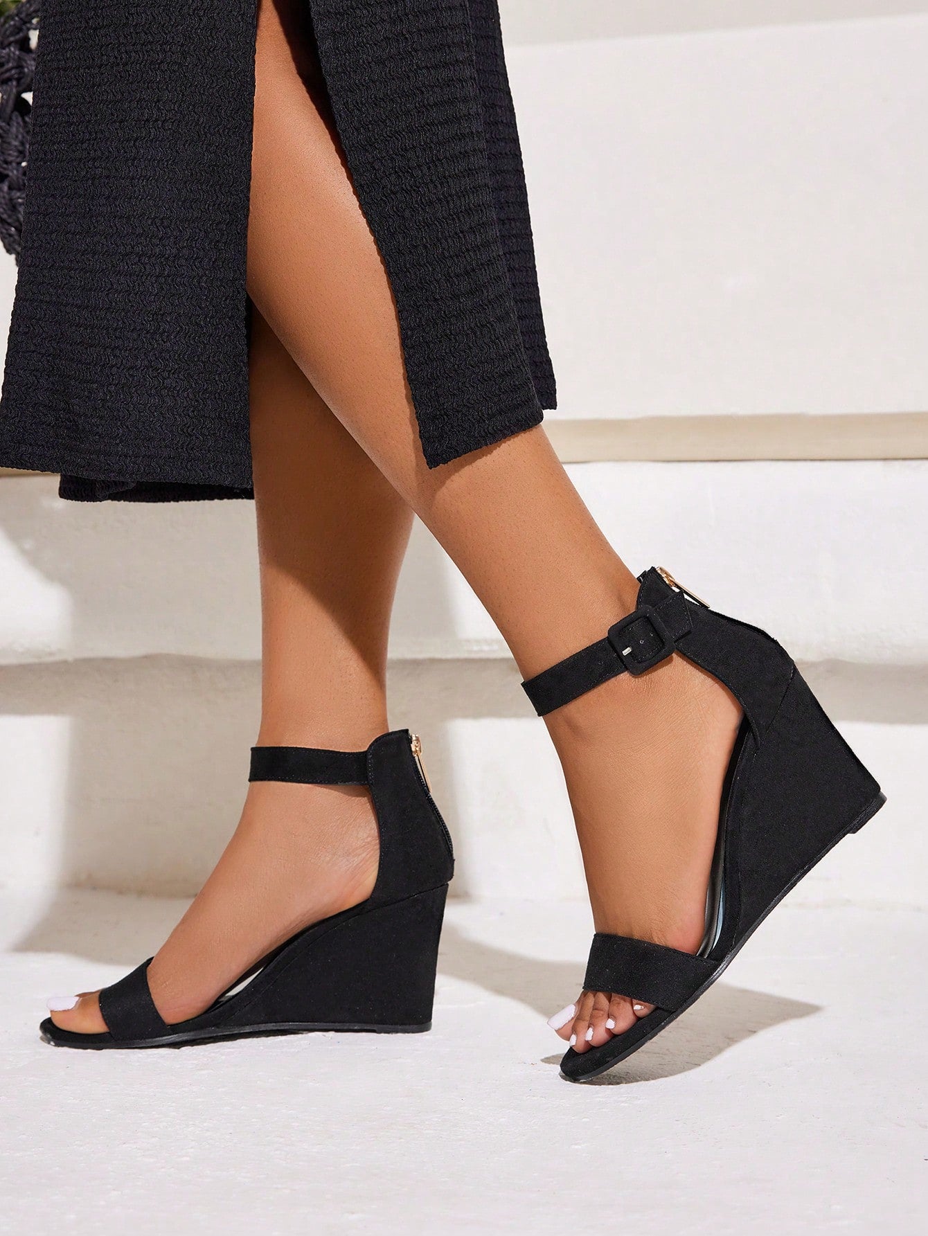 Black wedge sandals for spring and summer - Ankle strap, classic design - Women's shoe fashion