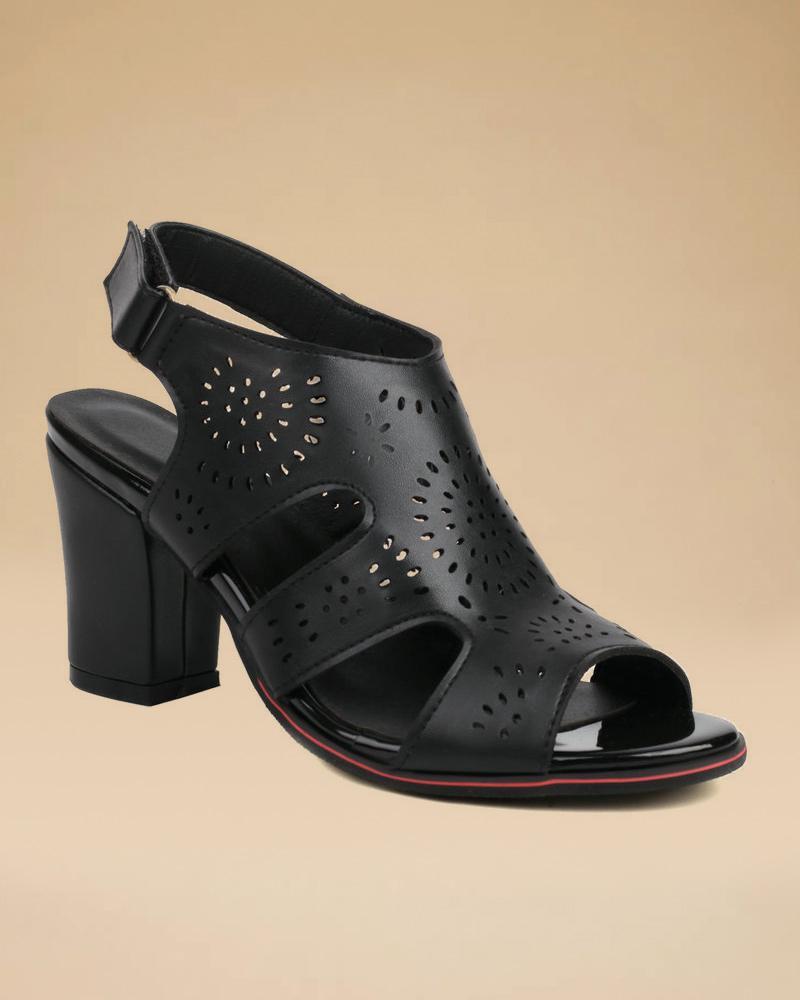 Block Heel Sandals with Hollow-out Design