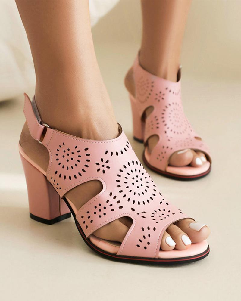 Block Heel Sandals with Hollow-out Design