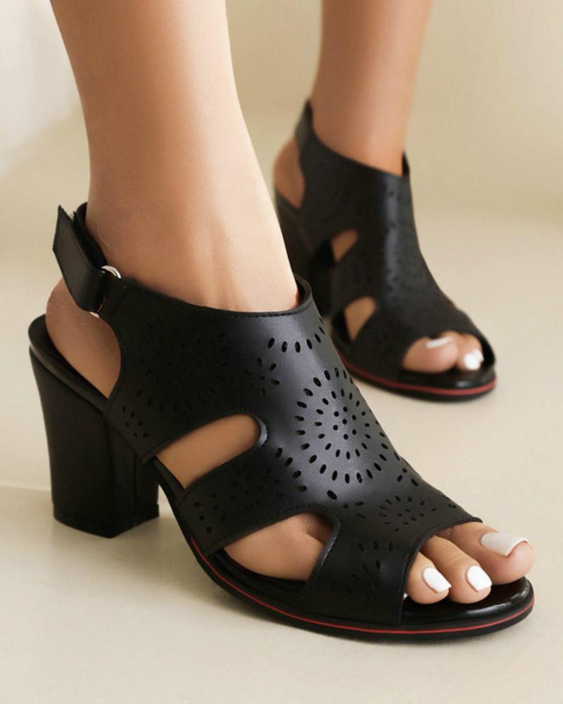 Block Heel Sandals with Hollow-out Design