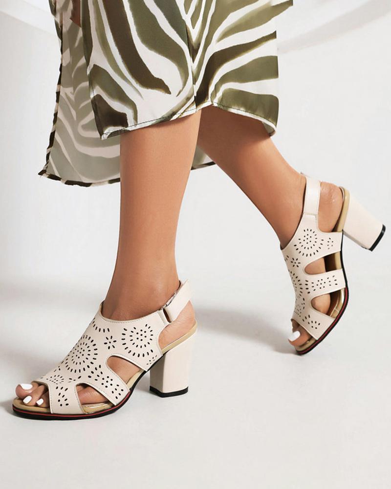 Block Heel Sandals with Hollow-out Design