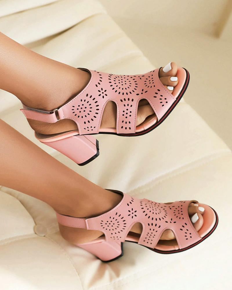 Block Heel Sandals with Hollow-out Design