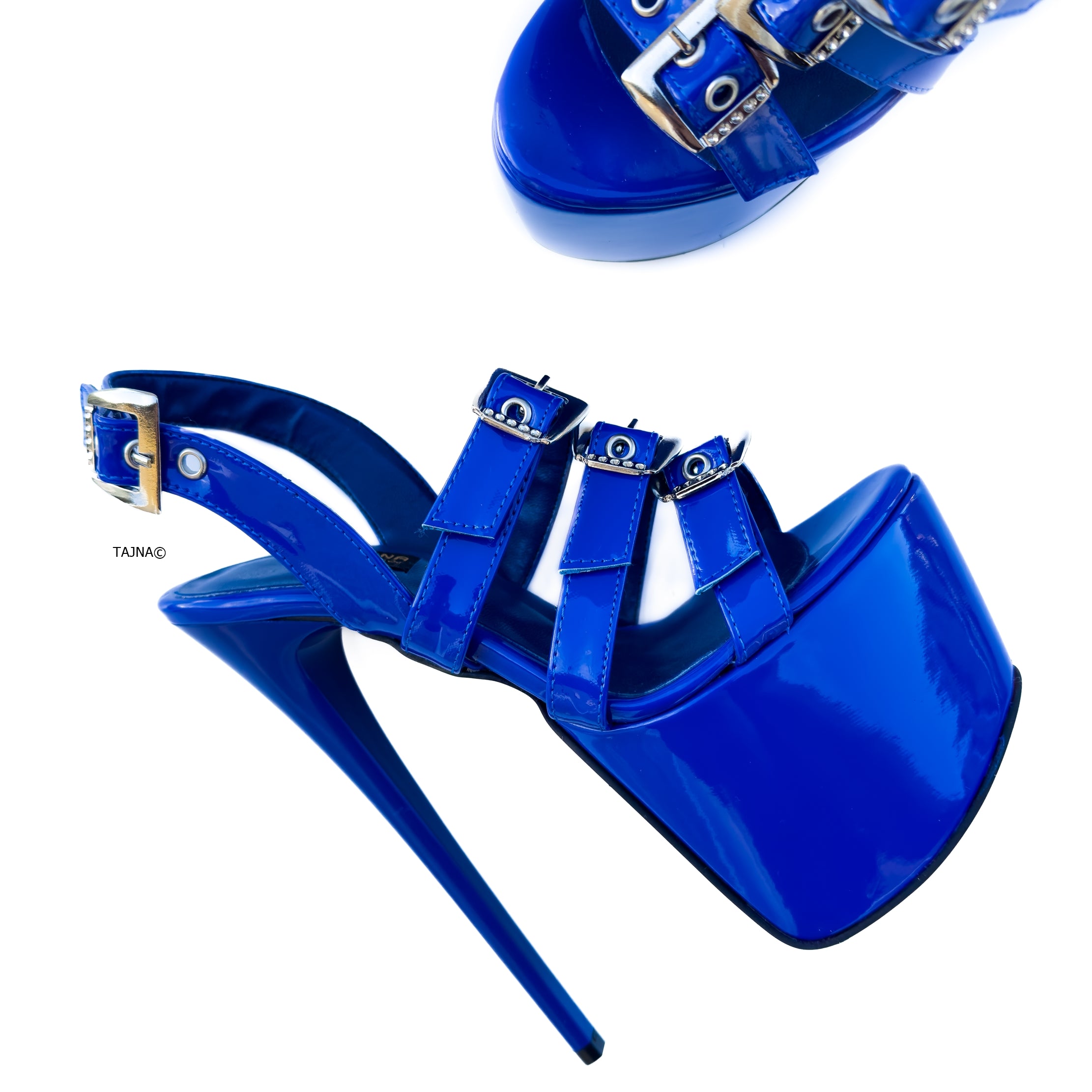 Blue Gloss Belted High Heel Sandals