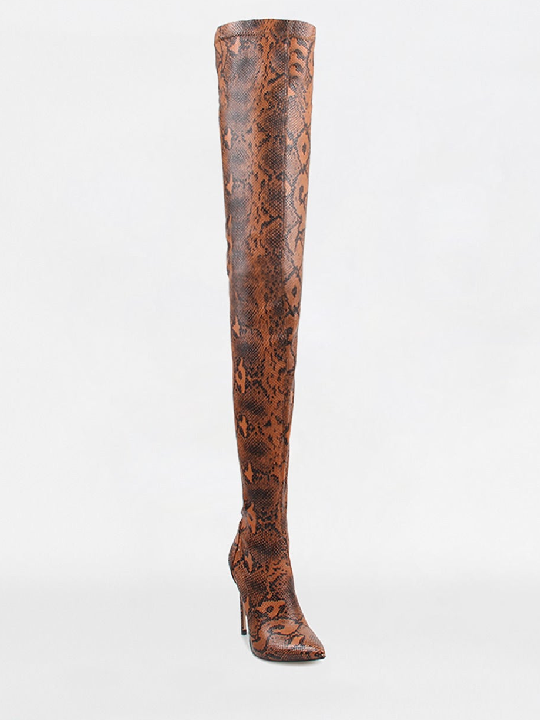 Camel Python Lycra Stiletto Over-the-Knee Boots