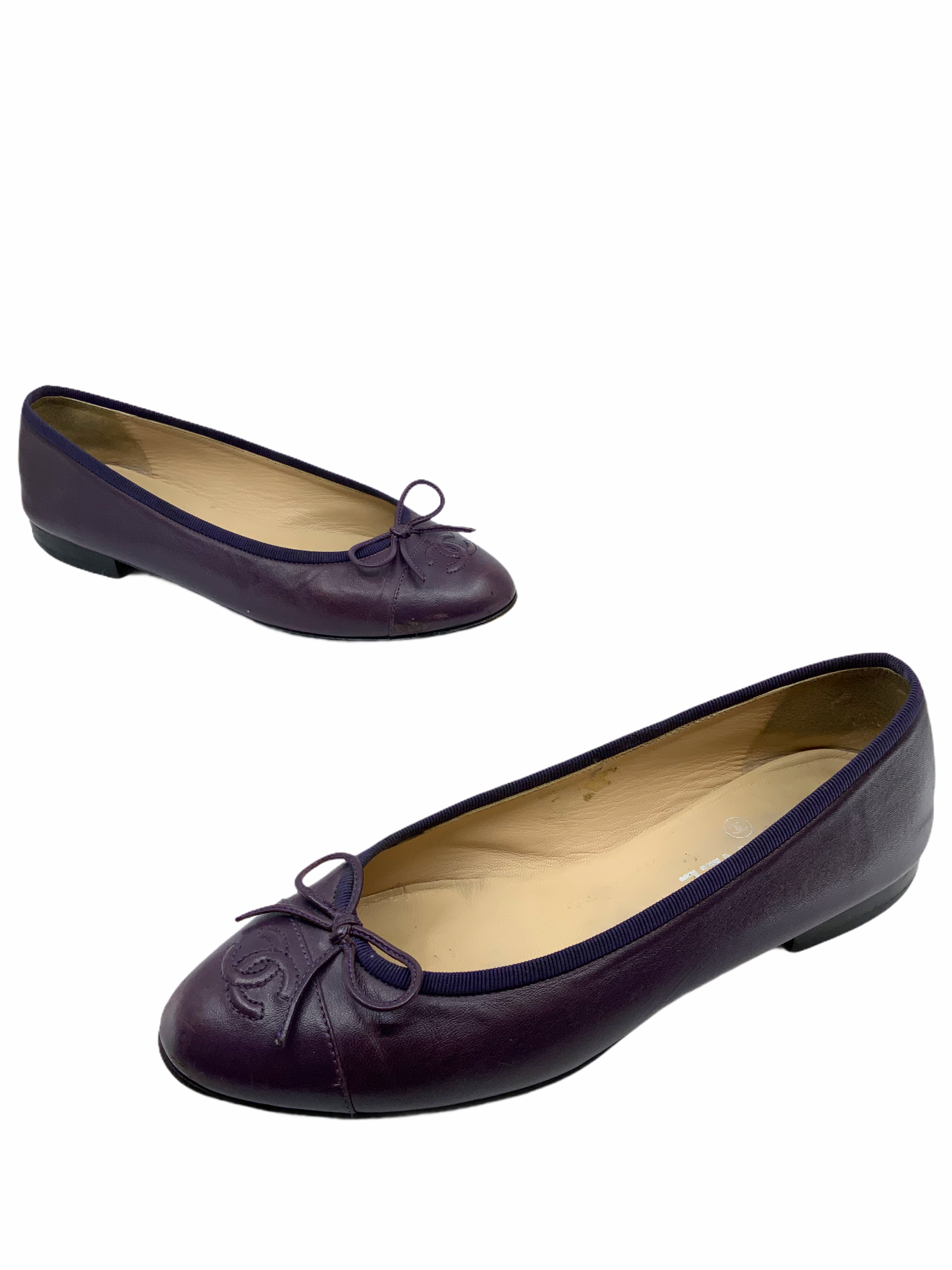 Chanel Ballet Flats Size 8 - CC Cap Toe Lambskin Leather