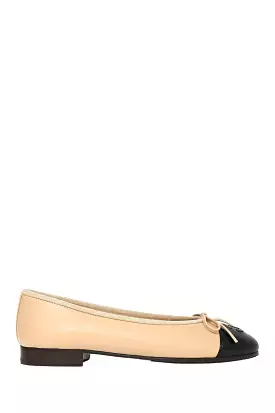 Chanel Beige Black Leather CC Ballet Flats Size 34