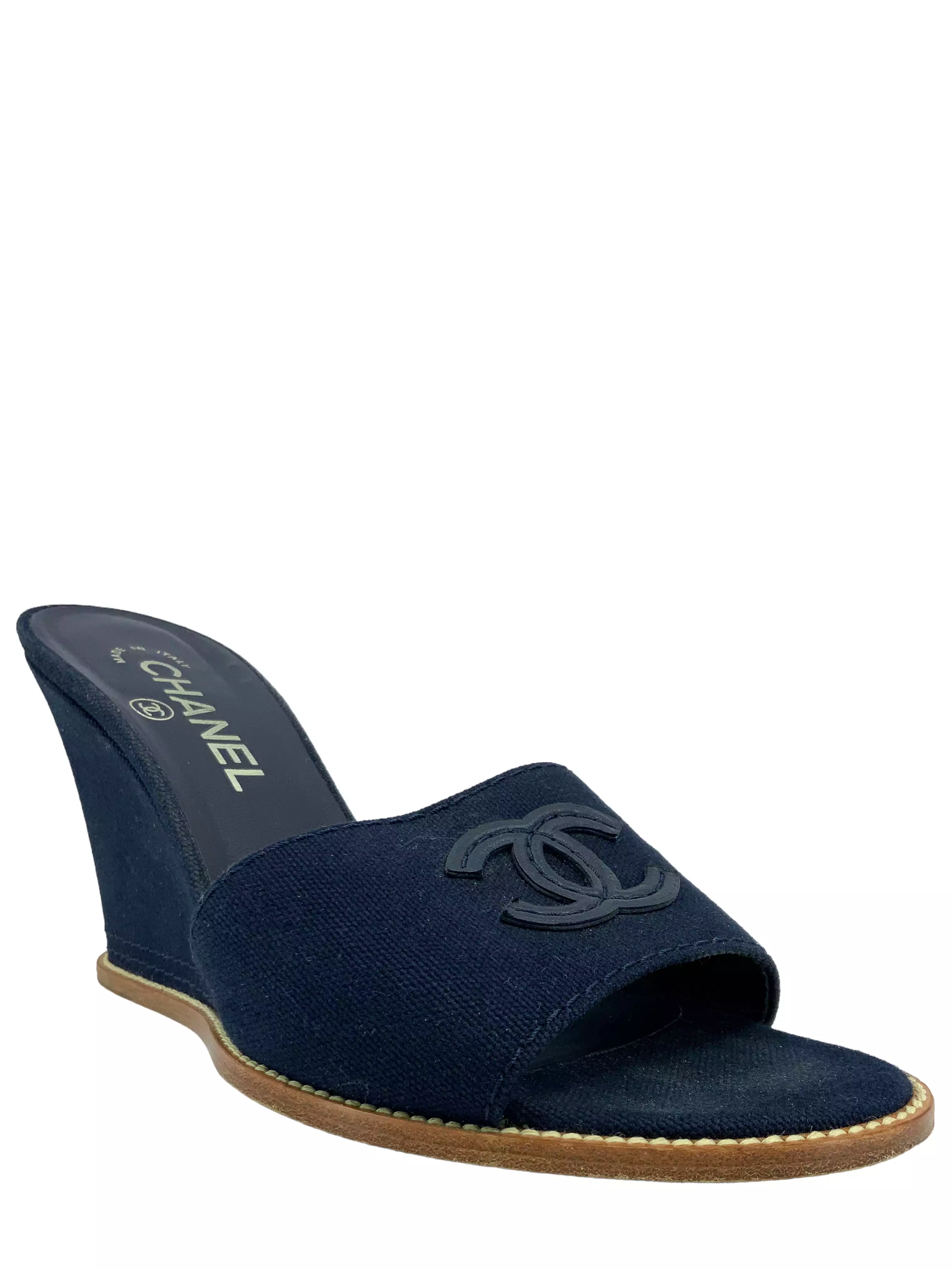 CHANEL Canvas CC Logo Wedge Sandals 8.5