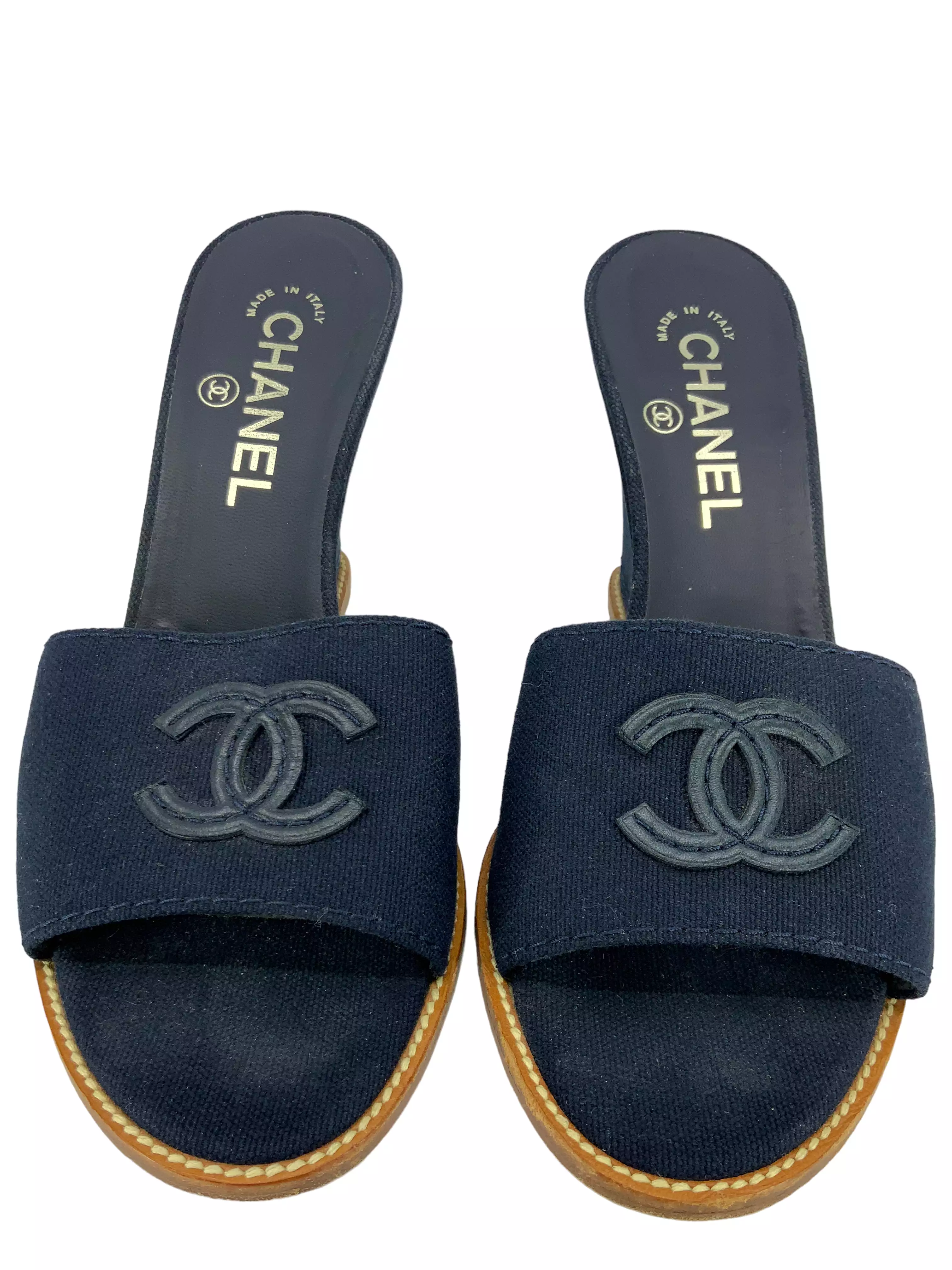 CHANEL Canvas CC Logo Wedge Sandals 8.5