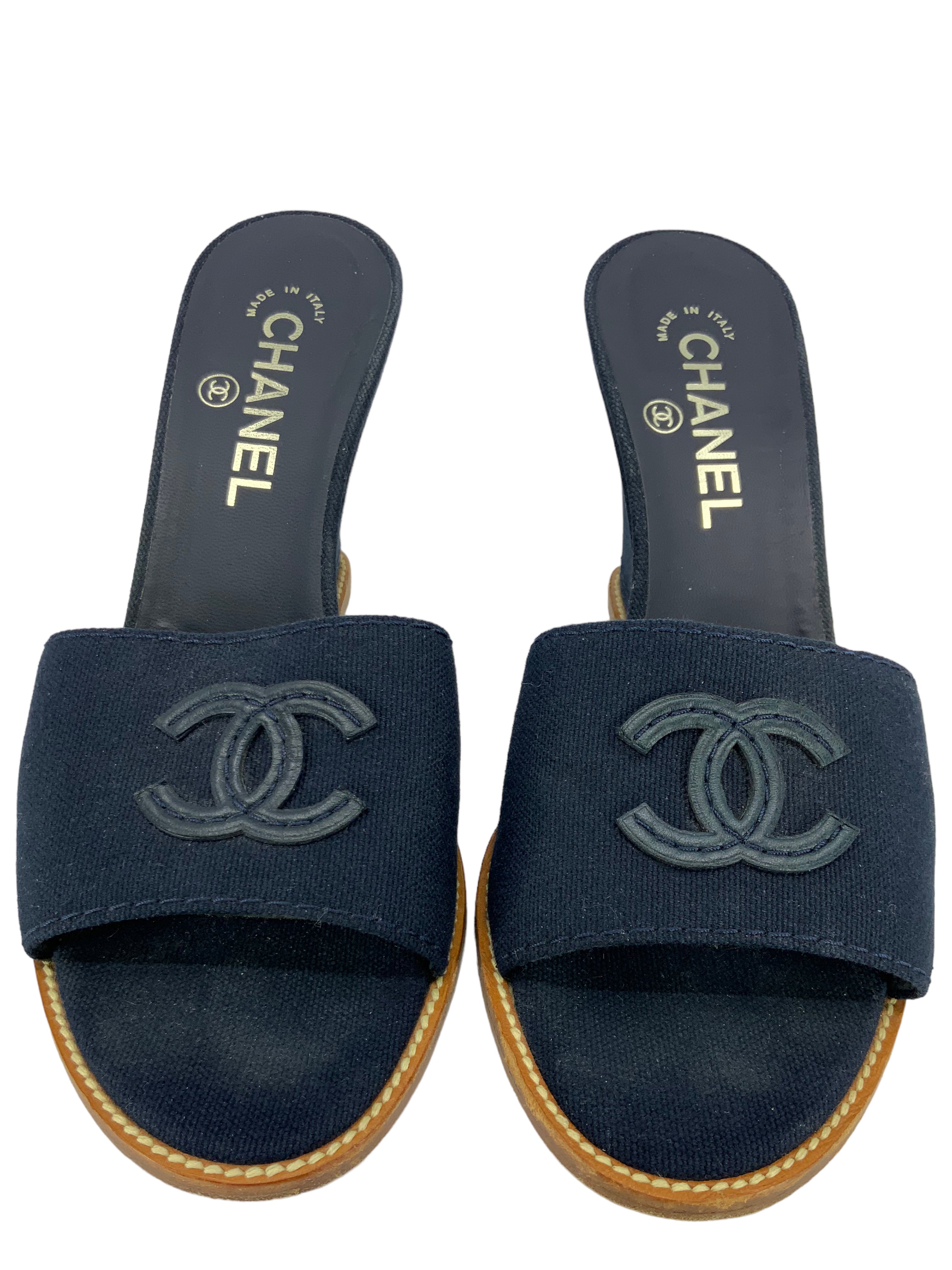 CHANEL Canvas CC Logo Wedge Sandals - Size 8.5