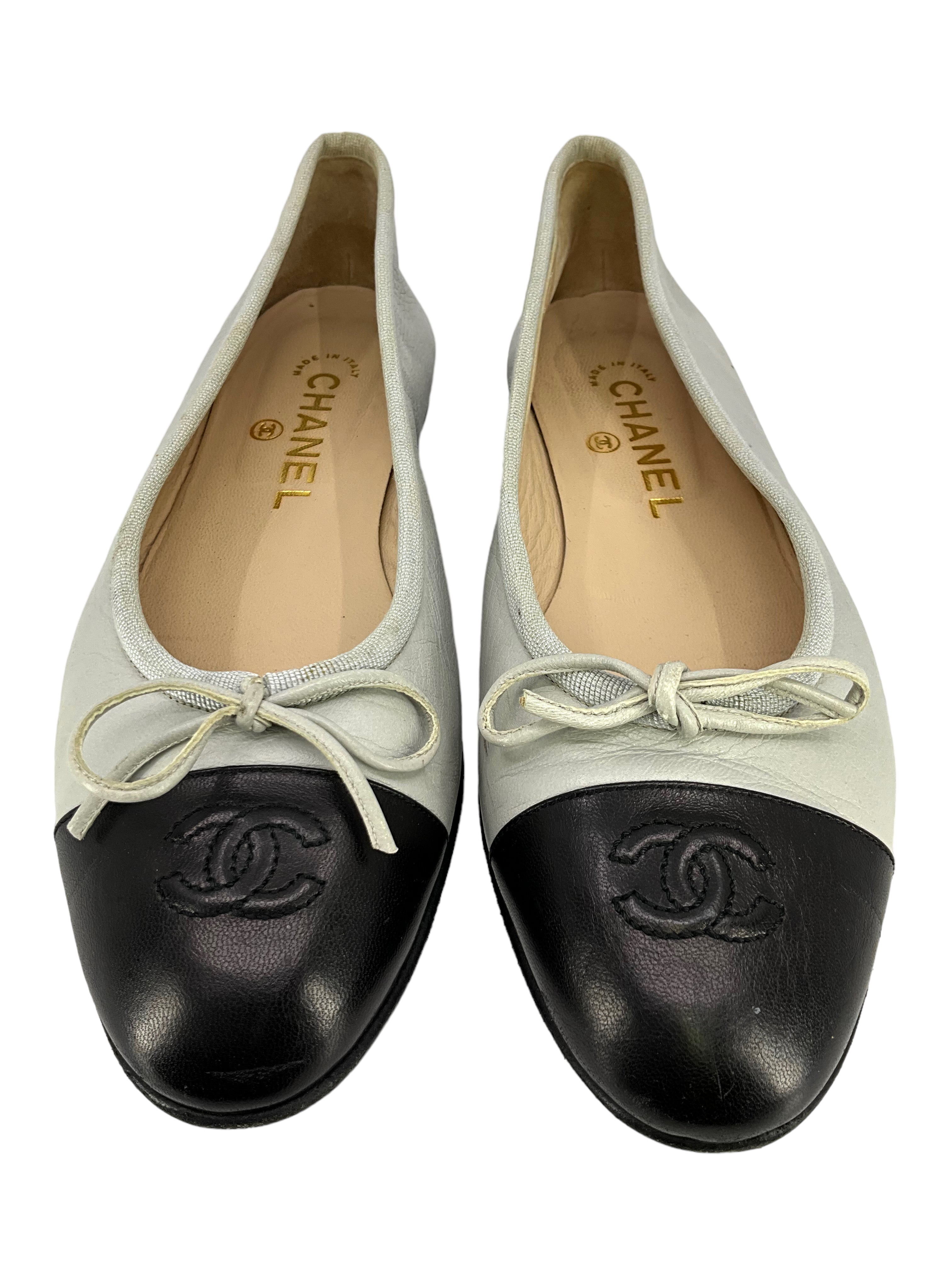 CHANEL Cap Toe Lambskin Leather Ballet Flats - Size 8