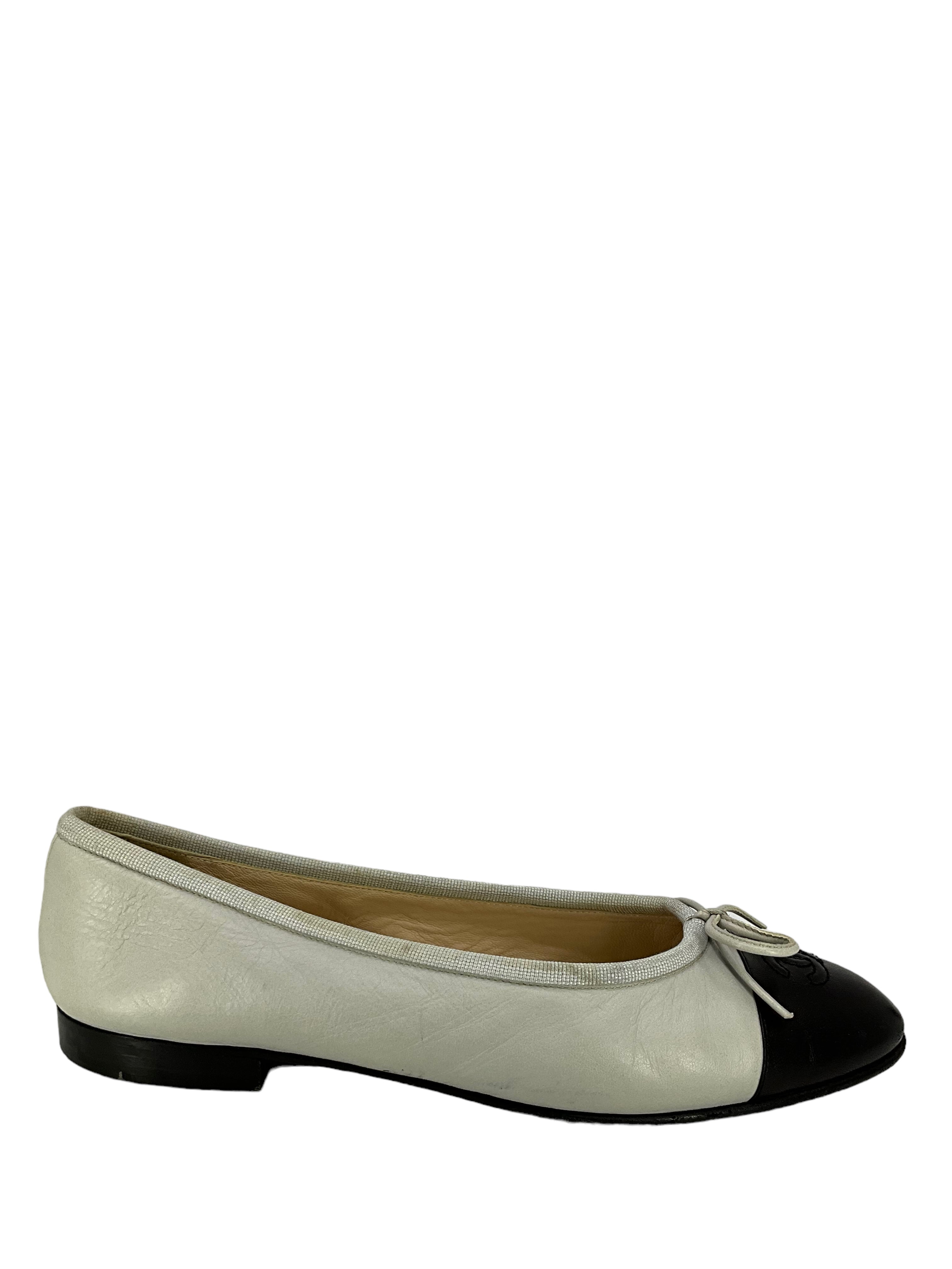 CHANEL Cap Toe Lambskin Leather Ballet Flats - Size 8