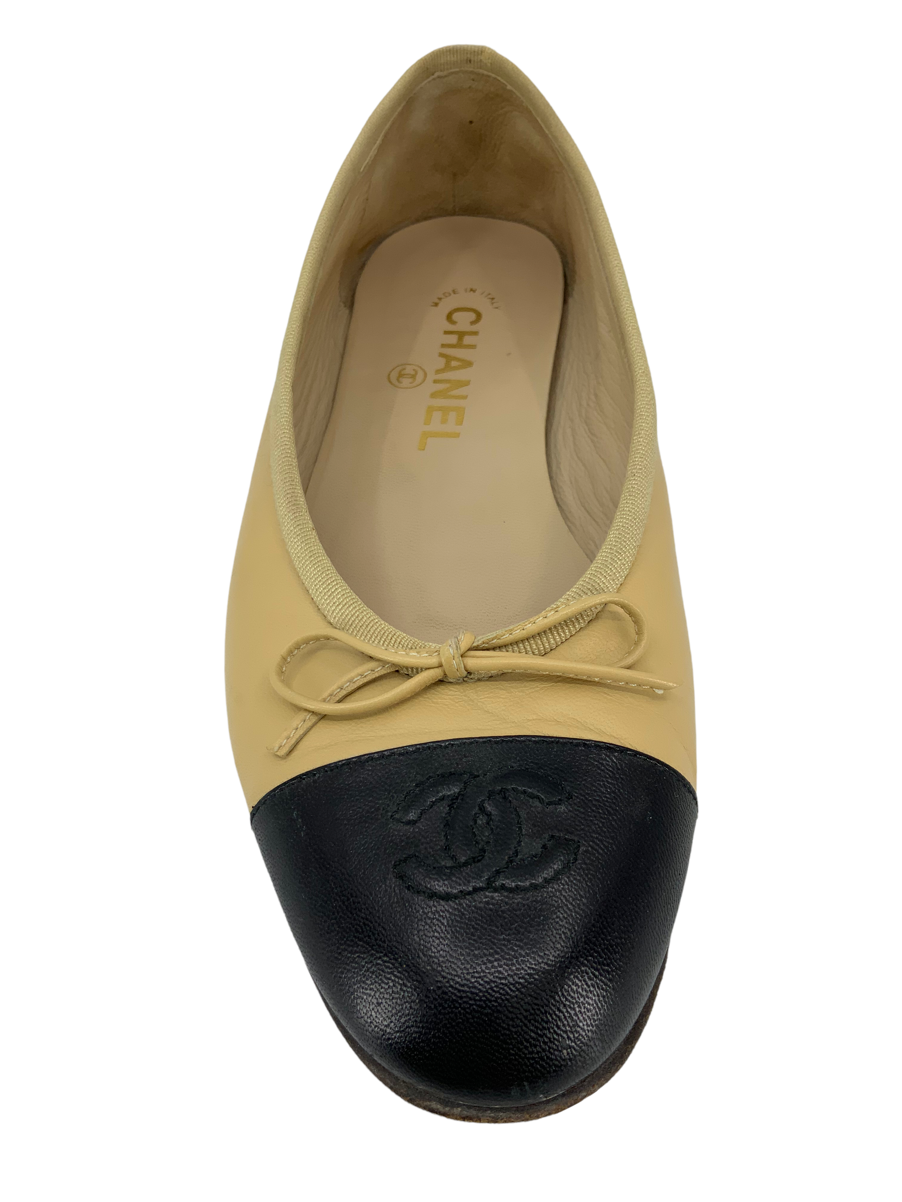 Chanel CC Cap Toe Lambskin Leather Ballet Flats 8.5