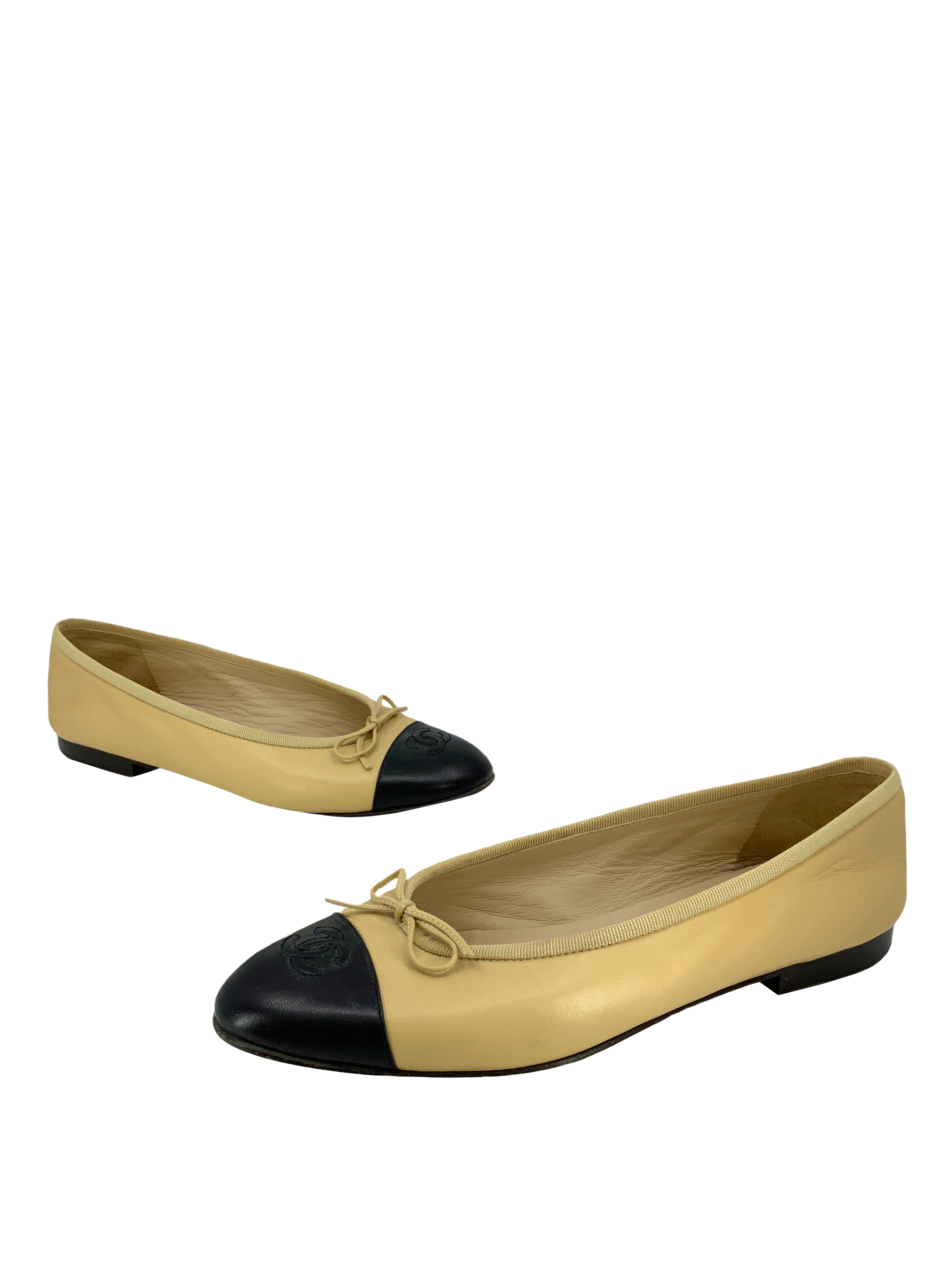 Chanel CC Cap Toe Lambskin Leather Ballet Flats 8.5