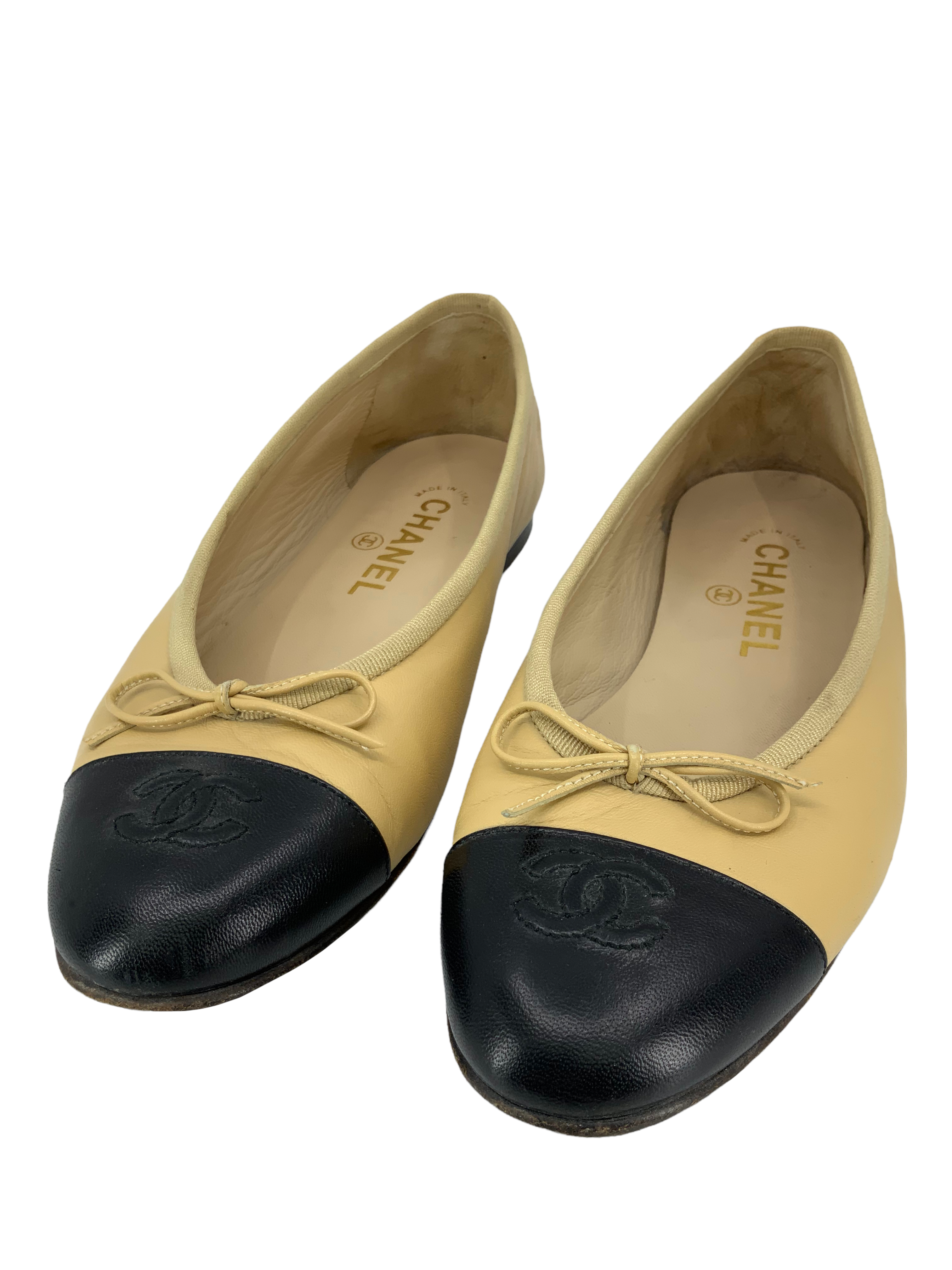 Chanel CC Cap Toe Lambskin Leather Ballet Flats 8.5